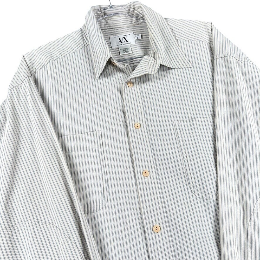 Vintage Armani Exchange Mens Large Shirt White Blue Striped Long Sleeve Cotton L